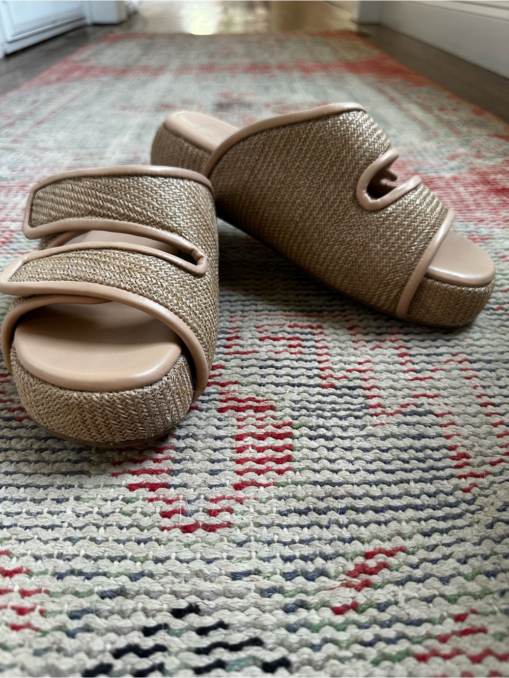 ShuShop Lillian Woven Raffia Platform Slide Sandals in Neutral Tan